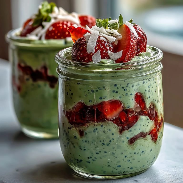 A vibrant breakfast parfait featuring matcha-infused oats, sweet strawberry compote, and crunchy chia seeds.  