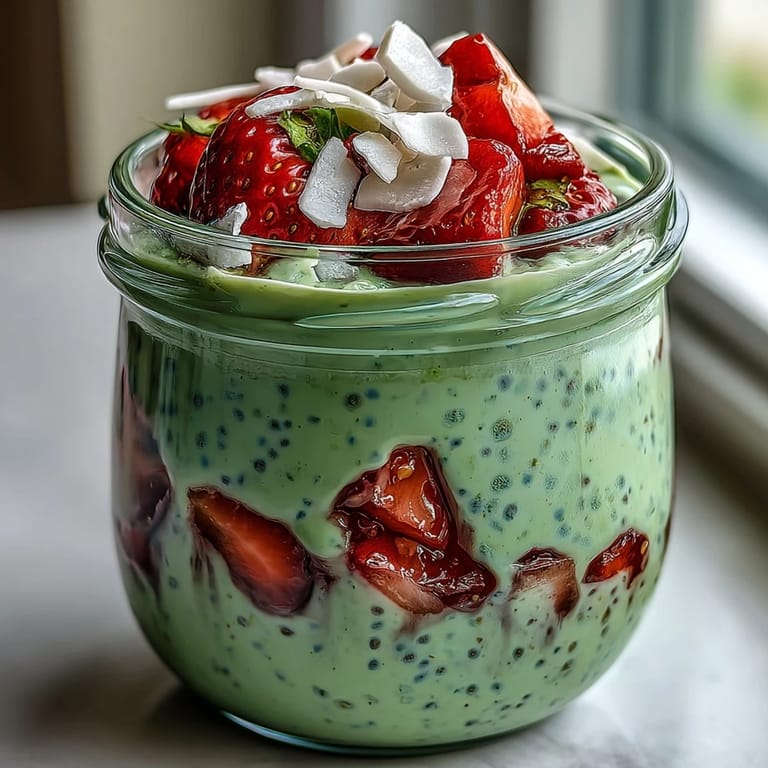 Energizing strawberry matcha chia oats served chilled with fresh berries and coconut flakes for a nourishing start.