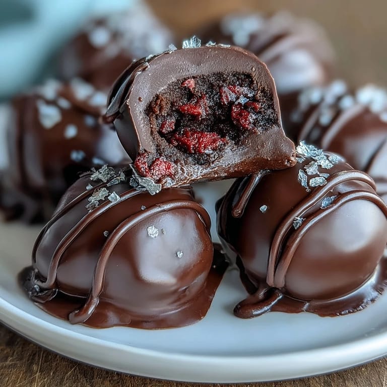Indulgent Dubai chocolate strawberry truffles, featuring a creamy strawberry-infused ganache center, coated in dark chocolate and topped with shimmering gold flakes.