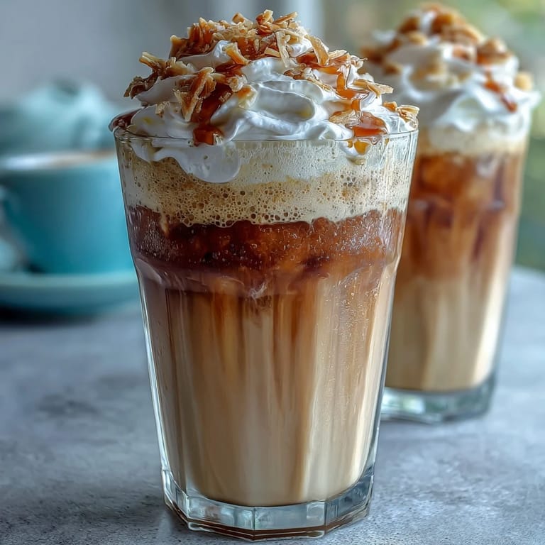 Blended Iced Vanilla Bean Frappuccino topped with fluffy coconut whipped cream and vanilla bean garnish for a refreshing treat.