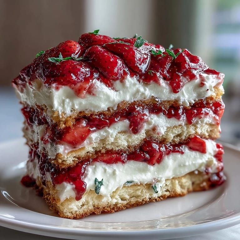 Buttery biscuit shortcake filled with sweet strawberries and topped with fresh vanilla whipped cream.  