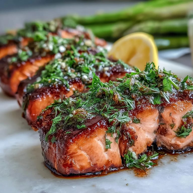 Succulent salmon fillets topped with dill and parsley, served alongside roasted asparagus spears.