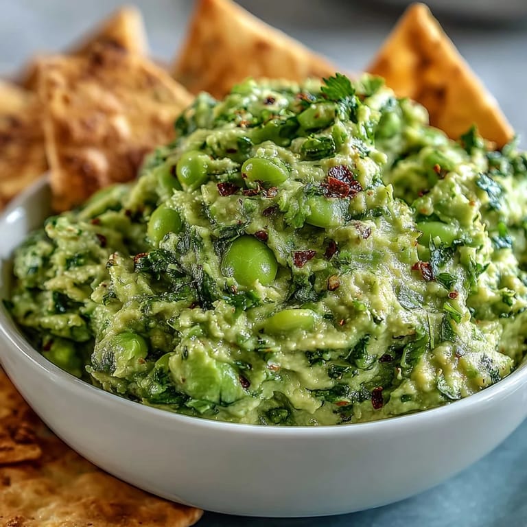 Protein-packed edamame guacamole paired with crunchy, oven-baked pita chips for a satisfying appetizer.