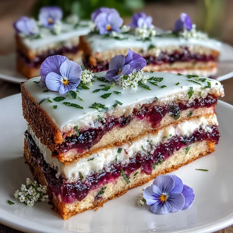Spring Cake with Pressed Edible Flowers: Elegant vanilla cake adorned with edible pressed flowers and mint leaves, perfect for spring celebrations and garden parties.