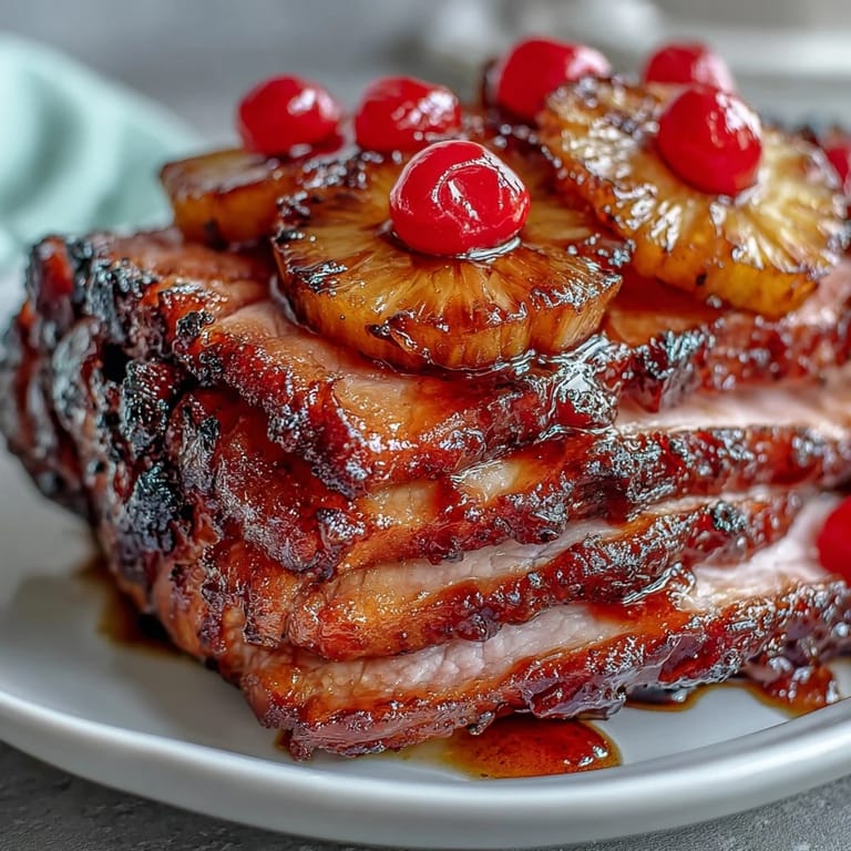 Succulent honey glazed ham studded with pineapple slices and cherries, a sweet and savory classic for Easter dinner.  