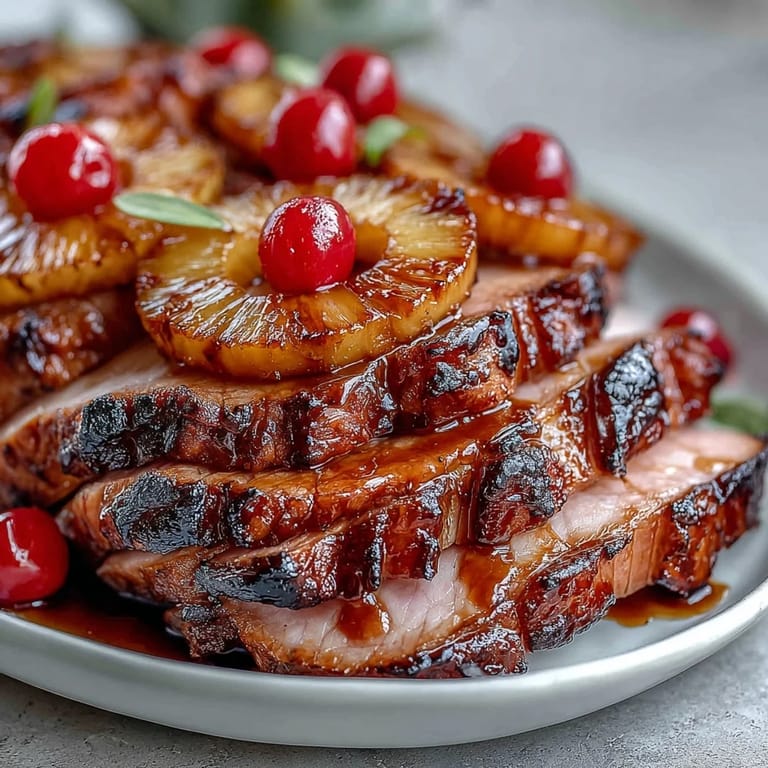 Juicy honey glazed ham with caramelized pineapple and cherries, offering a festive and flavorful main dish for celebrations.