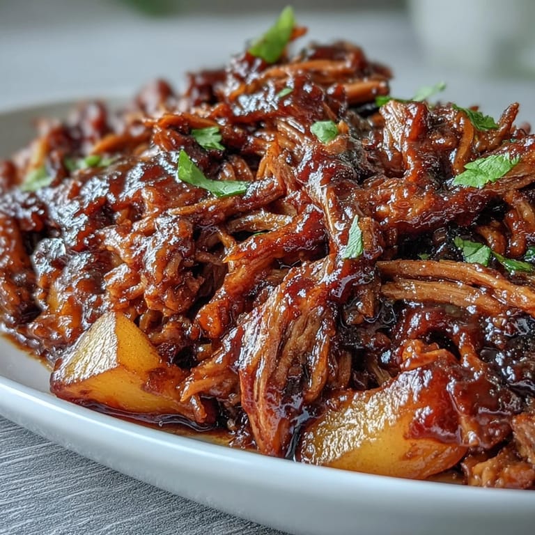 Slow cooker honey peach BBQ pulled pork, juicy and flavorful, perfect for summer sandwiches or sliders.
