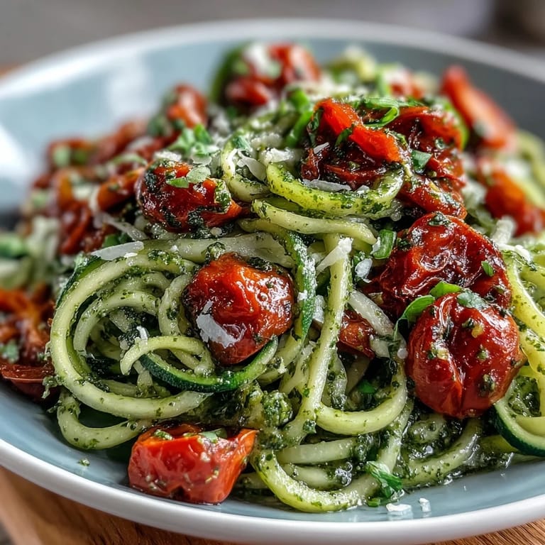 Zesty zucchini noodles coated in rich basil pesto and sweet cherry tomatoes, perfect for a quick low-carb lunch.