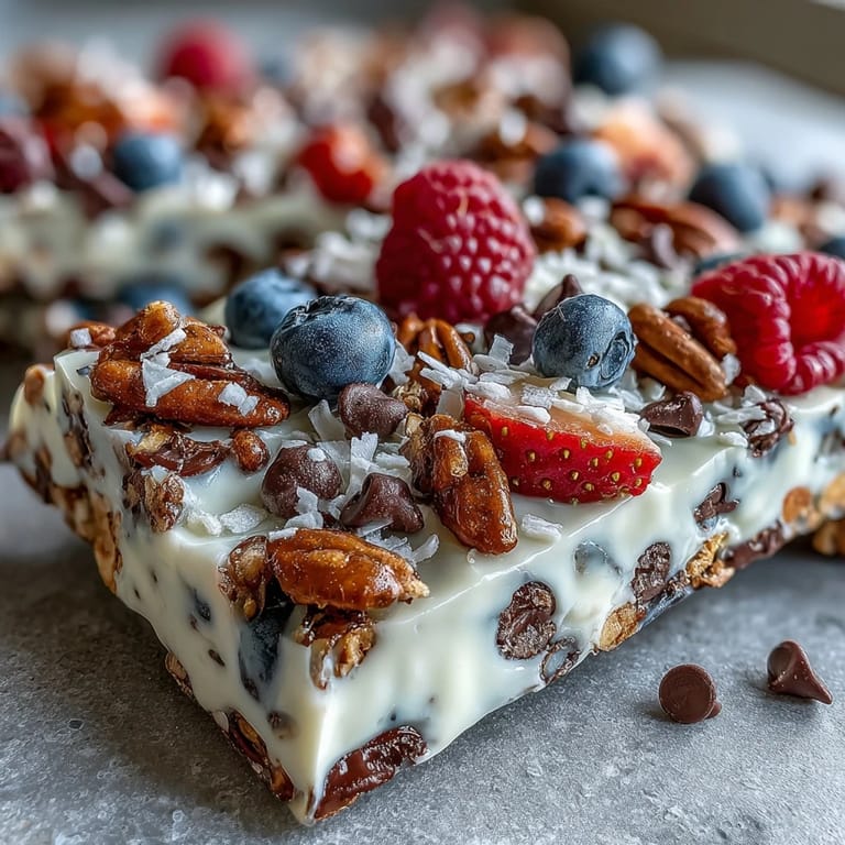 Healthy frozen yogurt bark with berries and granola, perfect for a quick snack.