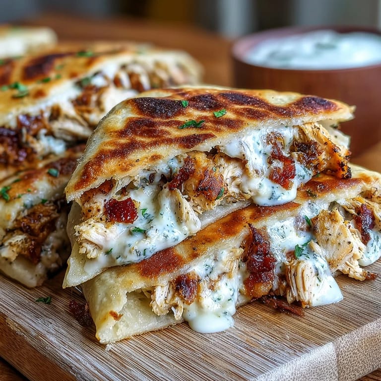 Freshly sliced Ranch Crack Chicken Stuffed Naan served on a wooden board with a side of ranch.