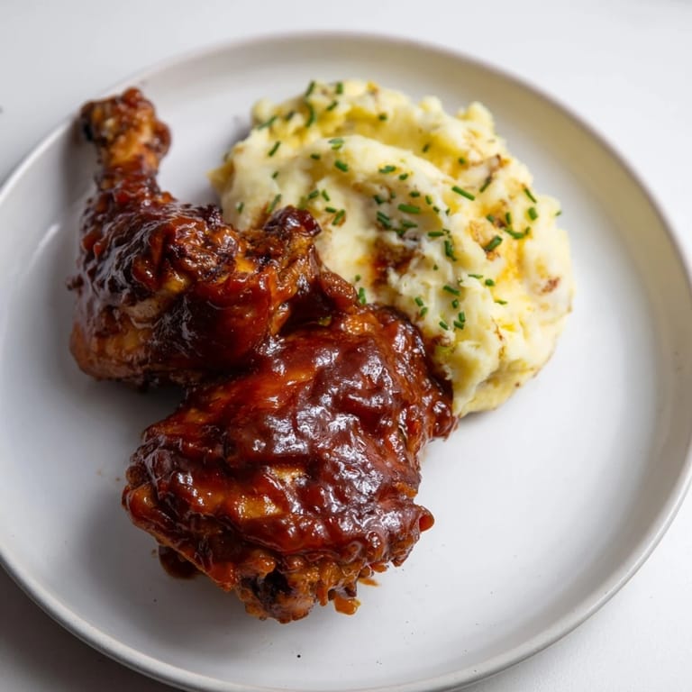 Tender honey BBQ chicken thighs, contrasting flavors, presented with fluffy and flavorful garlic mashed potatoes.