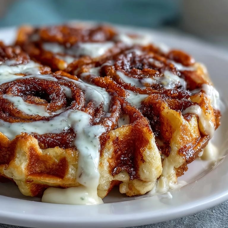 Warm, golden waffles infused with cinnamon and drizzled with rich vanilla cream cheese glaze for a decadent morning delight.