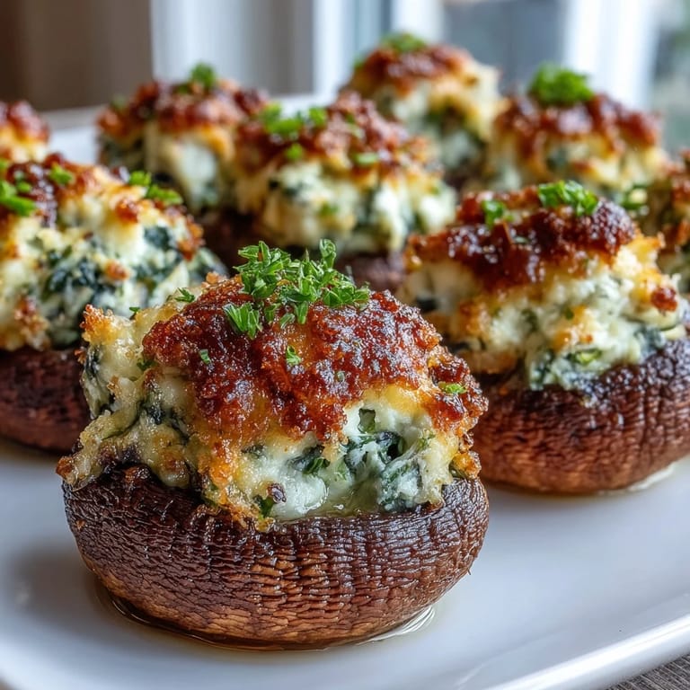 Baked mushroom caps stuffed with a savory blend of ricotta, spinach, and herbs, topped with crispy Parmesan breadcrumbs.