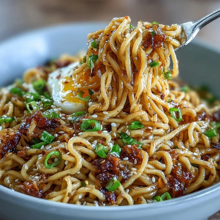Rich garlic butter coats chewy ramen noodles, garnished with sesame seeds and a sprinkle of red pepper flakes for a spicy kick.