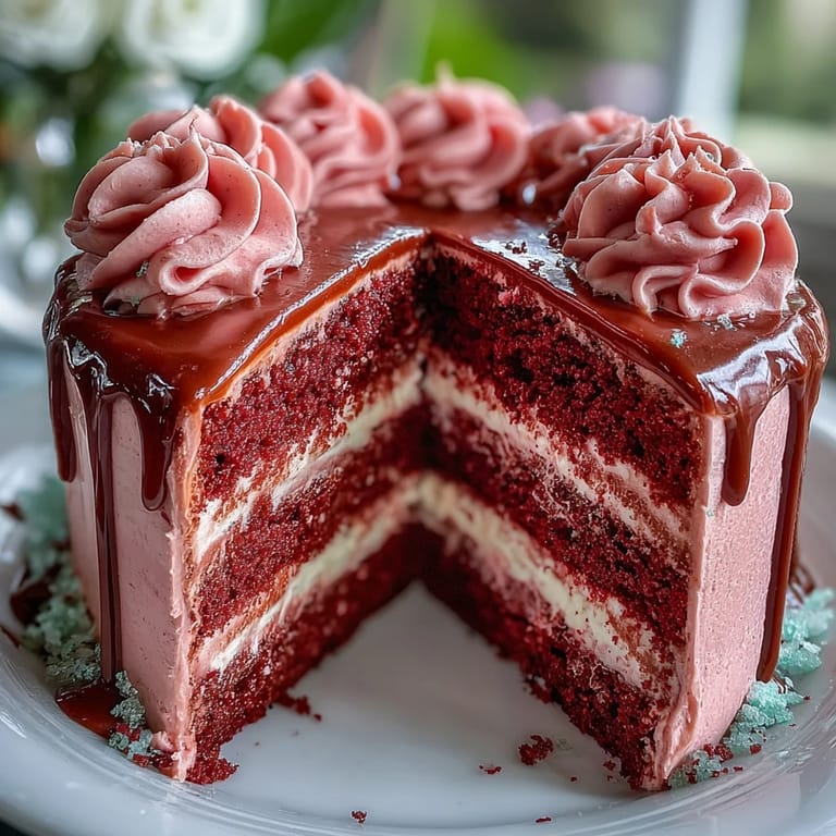 Pink rosé velvet cake with luxurious gold drip, perfect for celebrations.