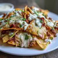 Crispy tortilla chips loaded with seasoned beef and creamy cheese sauce, topped with jalapeños and fresh garnishes.  