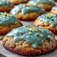 Spring cookies with lemon sugar cookies and pastel glaze, arranged on a floral plate for a festive dessert display.