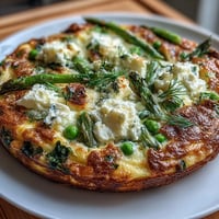 Vibrant spring frittata with asparagus, peas, and goat cheese, baked until golden and puffed, perfect for a light brunch.
